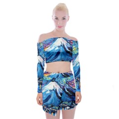 Mount Fuji Art Starry Night Van Gogh Off Shoulder Top With Mini Skirt Set by Sarkoni