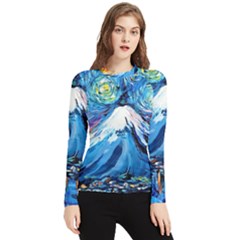 Mount Fuji Art Starry Night Van Gogh Women s Long Sleeve Rash Guard by Sarkoni