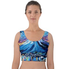 Mount Fuji Art Starry Night Van Gogh Velvet Crop Top by Sarkoni