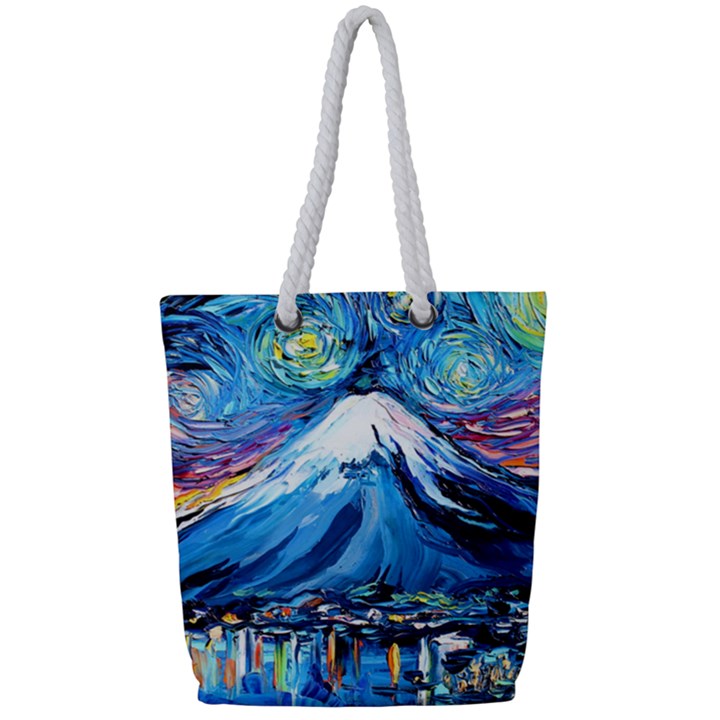 Mount Fuji Art Starry Night Van Gogh Full Print Rope Handle Tote (Small)