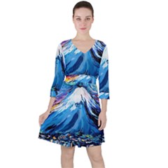 Mount Fuji Art Starry Night Van Gogh Quarter Sleeve Ruffle Waist Dress by Sarkoni