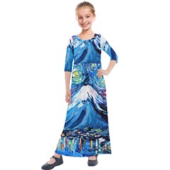 Mount Fuji Art Starry Night Van Gogh Kids  Quarter Sleeve Maxi Dress by Sarkoni