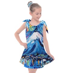 Mount Fuji Art Starry Night Van Gogh Kids  Tie Up Tunic Dress by Sarkoni