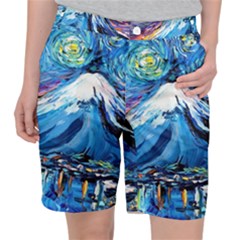 Mount Fuji Art Starry Night Van Gogh Women s Pocket Shorts by Sarkoni