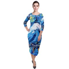 Mount Fuji Art Starry Night Van Gogh Quarter Sleeve Midi Velour Bodycon Dress by Sarkoni