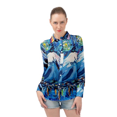 Mount Fuji Art Starry Night Van Gogh Long Sleeve Chiffon Shirt by Sarkoni