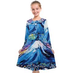 Mount Fuji Art Starry Night Van Gogh Kids  Midi Sailor Dress by Sarkoni