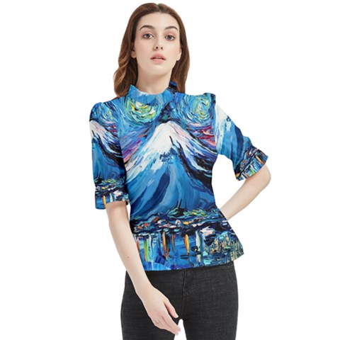 Mount Fuji Art Starry Night Van Gogh Frill Neck Blouse by Sarkoni