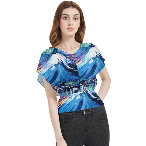 Mount Fuji Art Starry Night Van Gogh Butterfly Chiffon Blouse by Sarkoni