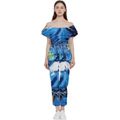 Mount Fuji Art Starry Night Van Gogh Bardot Ruffle Jumpsuit by Sarkoni