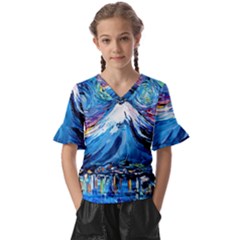 Mount Fuji Art Starry Night Van Gogh Kids  V-neck Horn Sleeve Blouse by Sarkoni