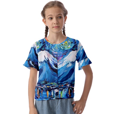 Mount Fuji Art Starry Night Van Gogh Kids  Cuff Sleeve Scrunch Bottom T-shirt by Sarkoni