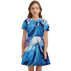 Mount Fuji Art Starry Night Van Gogh Kids  Bow Tie Puff Sleeve Dress