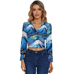 Mount Fuji Art Starry Night Van Gogh Long Sleeve V-neck Top by Sarkoni