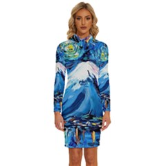 Mount Fuji Art Starry Night Van Gogh Long Sleeve Shirt Collar Bodycon Dress by Sarkoni