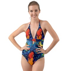 Lion Art Starry Night Van Gogh Halter Cut-out One Piece Swimsuit by Sarkoni