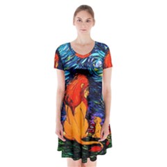 Lion Art Starry Night Van Gogh Short Sleeve V-neck Flare Dress by Sarkoni