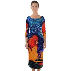 Lion Art Starry Night Van Gogh Quarter Sleeve Midi Bodycon Dress by Sarkoni