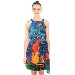 Lion Art Starry Night Van Gogh Halter Collar Waist Tie Chiffon Dress by Sarkoni