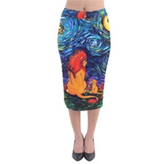 Lion Art Starry Night Van Gogh Velvet Midi Pencil Skirt by Sarkoni