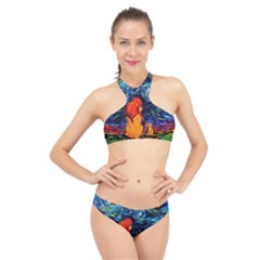 Lion Art Starry Night Van Gogh High Neck Bikini Set by Sarkoni