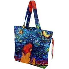 Lion Art Starry Night Van Gogh Drawstring Tote Bag by Sarkoni