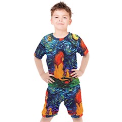 Lion Art Starry Night Van Gogh Kids  T-shirt And Shorts Set by Sarkoni