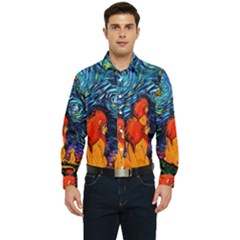 Lion Art Starry Night Van Gogh Men s Long Sleeve Pocket Shirt  by Sarkoni