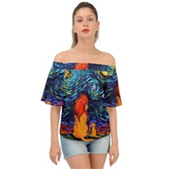 Lion Art Starry Night Van Gogh Off Shoulder Short Sleeve Top by Sarkoni