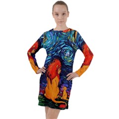 Lion Art Starry Night Van Gogh Long Sleeve Hoodie Dress by Sarkoni