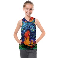 Lion Art Starry Night Van Gogh Kids  Sleeveless Hoodie by Sarkoni