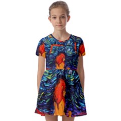 Lion Art Starry Night Van Gogh Kids  Short Sleeve Pinafore Style Dress by Sarkoni