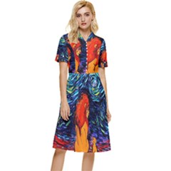 Lion Art Starry Night Van Gogh Button Top Knee Length Dress by Sarkoni