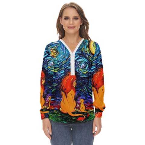 Lion Art Starry Night Van Gogh Zip Up Long Sleeve Blouse by Sarkoni