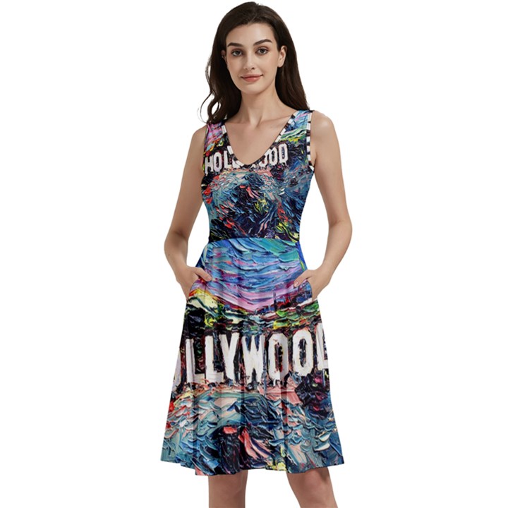 Hollywood Art Starry Night Van Gogh Sleeveless V-Neck Skater Dress with Pockets