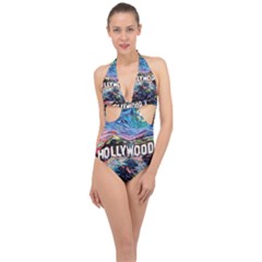 Hollywood Art Starry Night Van Gogh Halter Front Plunge Swimsuit by Sarkoni