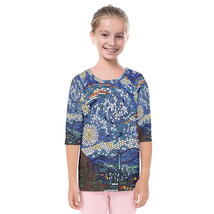 Mosaic Art Vincent Van Gogh s Starry Night Kids  Quarter Sleeve Raglan T-Shirt