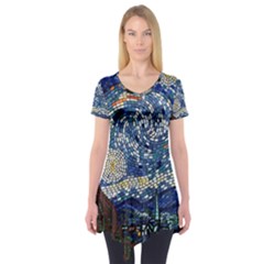 Mosaic Art Vincent Van Gogh s Starry Night Short Sleeve Tunic  by Sarkoni