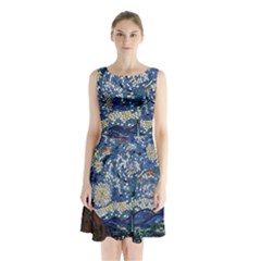 Mosaic Art Vincent Van Gogh s Starry Night Sleeveless Waist Tie Chiffon Dress by Sarkoni