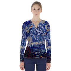 Mosaic Art Vincent Van Gogh s Starry Night V-neck Long Sleeve Top by Sarkoni