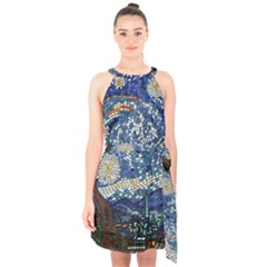 Mosaic Art Vincent Van Gogh s Starry Night Halter Collar Waist Tie Chiffon Dress by Sarkoni