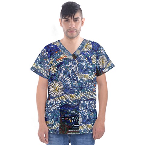 Mosaic Art Vincent Van Gogh s Starry Night Men s V-neck Scrub Top by Sarkoni