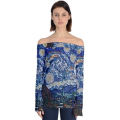 Mosaic Art Vincent Van Gogh s Starry Night Off Shoulder Long Sleeve Top by Sarkoni