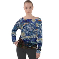 Mosaic Art Vincent Van Gogh s Starry Night Off Shoulder Long Sleeve Velour Top by Sarkoni