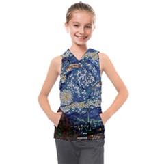 Mosaic Art Vincent Van Gogh s Starry Night Kids  Sleeveless Hoodie by Sarkoni