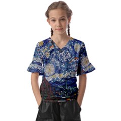 Mosaic Art Vincent Van Gogh s Starry Night Kids  V-neck Horn Sleeve Blouse by Sarkoni