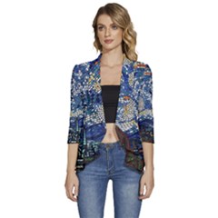 Mosaic Art Vincent Van Gogh s Starry Night Women s 3/4 Sleeve Ruffle Edge Open Front Jacket by Sarkoni