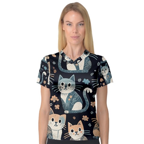 Cats Pattern V-neck Sport Mesh T-shirt by Valentinaart