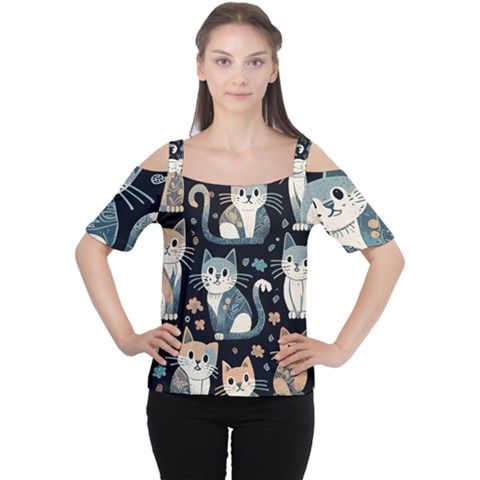 Cats Pattern Cutout Shoulder T-shirt by Valentinaart