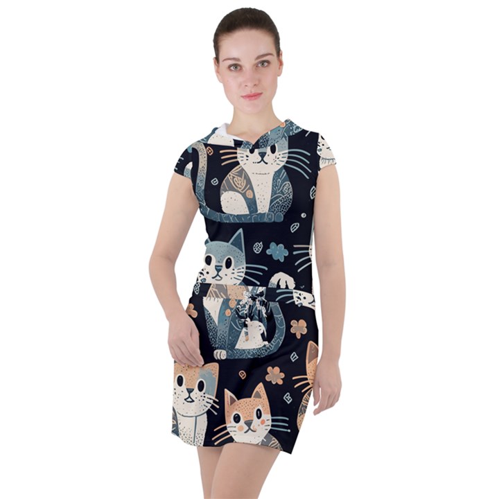 Cats pattern Drawstring Hooded Dress